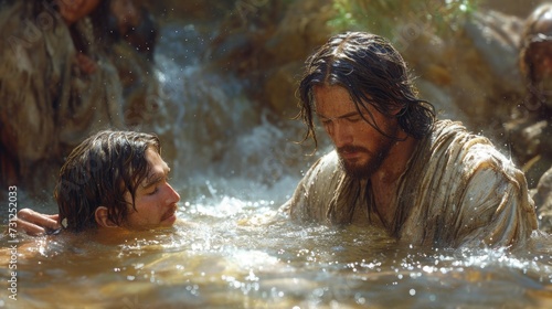 Jesus Baptizes a Man in a Pond. Generative AI. photo