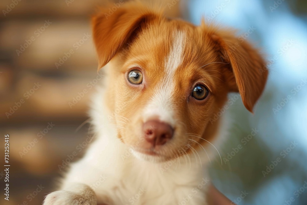 Capturing the innocent curiosity of a young puppy, this close-up showcases the endearing features of a brown and white dog breed as it gazes into the great outdoors