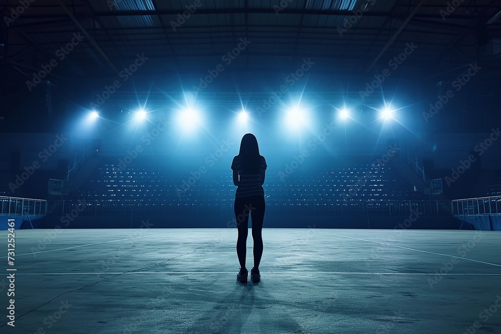 Obraz premium Capture the poignant solitude of a female sports star standing at the center of an empty stadium, bathed in the spotlight's glow, feeling a sense of sadness in the absence of a cheering crowd
