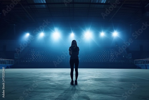 Capture the poignant solitude of a female sports star standing at the center of an empty stadium, bathed in the spotlight's glow, feeling a sense of sadness in the absence of a cheering crowd photo
