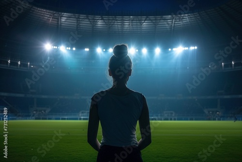 Capture the poignant solitude of a female sports star standing at the center of an empty stadium, bathed in the spotlight's glow, feeling a sense of sadness in the absence of a cheering crowd photo