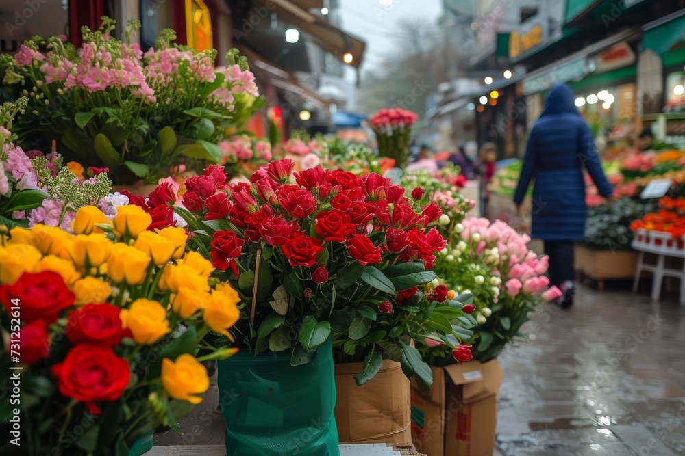 A colorful marketplace of fresh cut flowers and potted houseplants stands on the busy street, inviting passersby to admire the stunning floral arrangements and appreciate the beauty of nature in an u