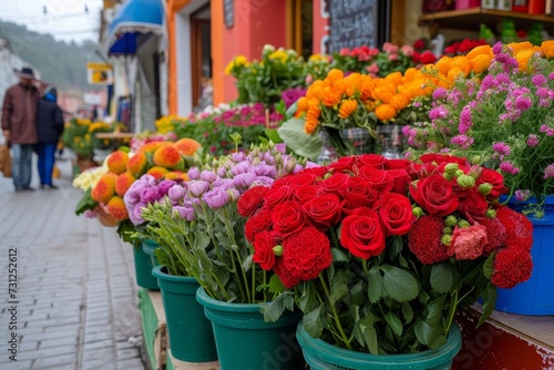 A vibrant display of potted flowers stands outside a quaint flower shop, enticing passersby with its annual blooms and inviting them to bring a touch of nature into their homes