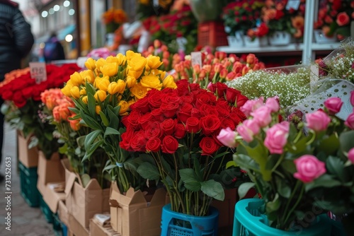 A vibrant array of blooming annual plants, arranged in blue baskets, exudes the essence of floristry in a bustling outdoor shop, with a standing person admiring the full, red bouquet among various cu