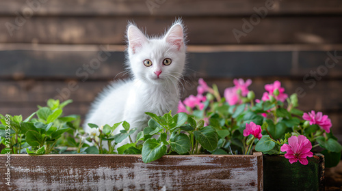 Gatinho branco fofo na horta com  mudas e flores photo