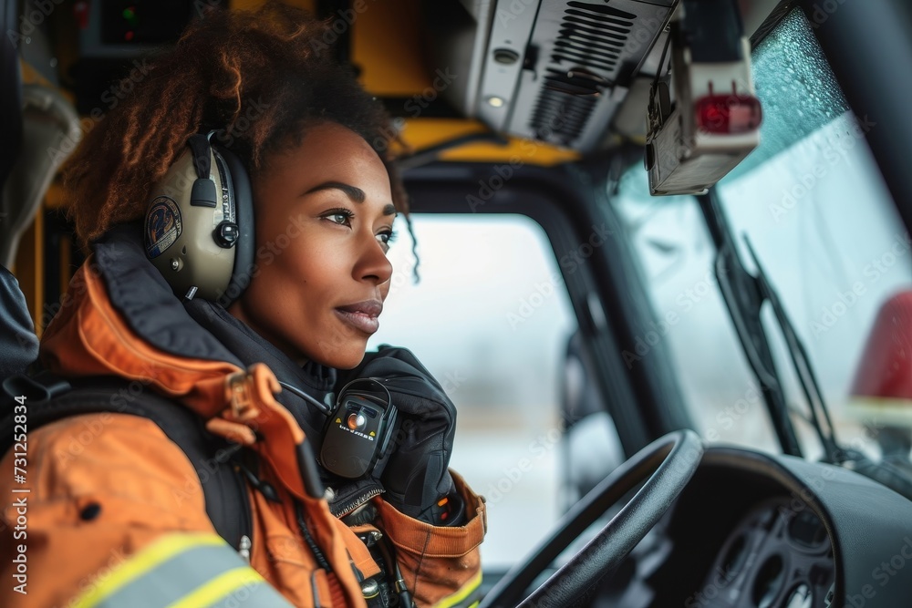 A fierce female firefighter, donning her uniform and headphones, stands confidently beside her fire truck, ready to tackle any challenge both indoors and outdoors A fierce female firefighter, donning her uniform and headphones, stands confidently beside her fire truck, ready to tackle any challenge both indoors and outdoors