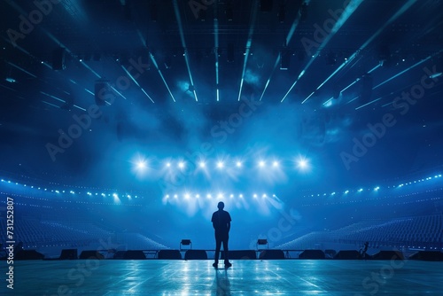 Visualize the juxtaposition of excitement and solitude in an empty stadium, where the stage is aglow with lights, awaiting the presence of an artist, while the absence of a crowd photo