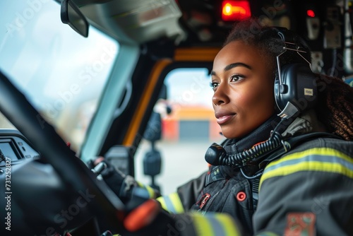 A fierce female firefighter confidently pilots her vehicle, her determined face visible through the cockpit window as she fearlessly tackles the outdoor elements © Pinklife