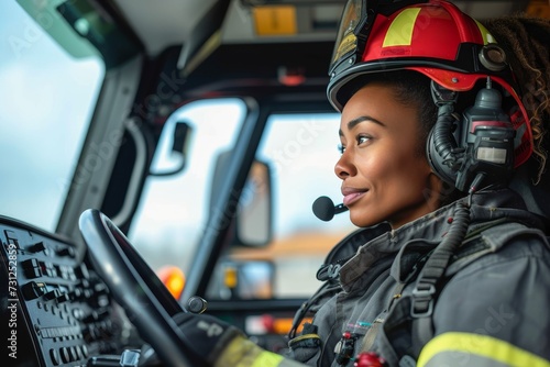 A determined firefighter donning protective gear and headphones bravely navigates the fiery inferno from the driver's seat of their trusty fire truck