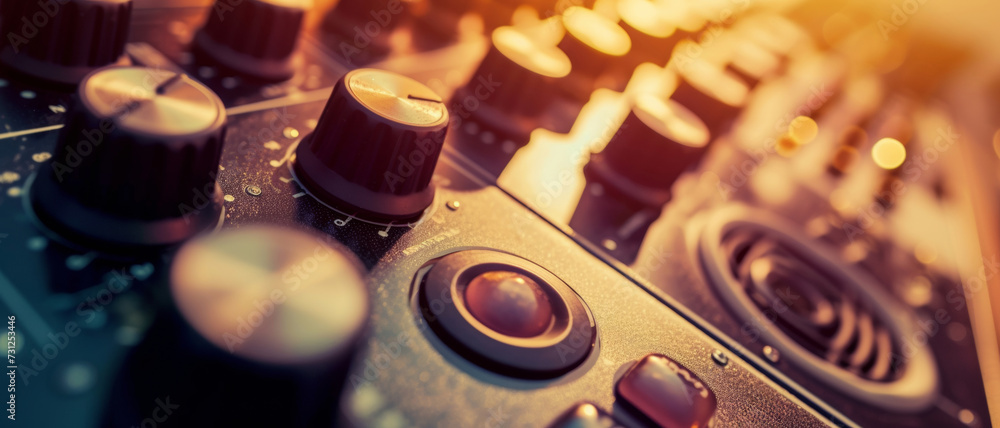 Soundcrafting: A close-up of an audio mixer's knobs and sliders, essential for producing perfect acoustics Soundcrafting: A close-up of an audio mixer's knobs and sliders, essential for producing perfect acoustics