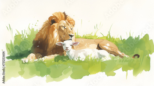 christian motive  watercolor painting of a lion and lamb lying peacefully next to each other  childrens book