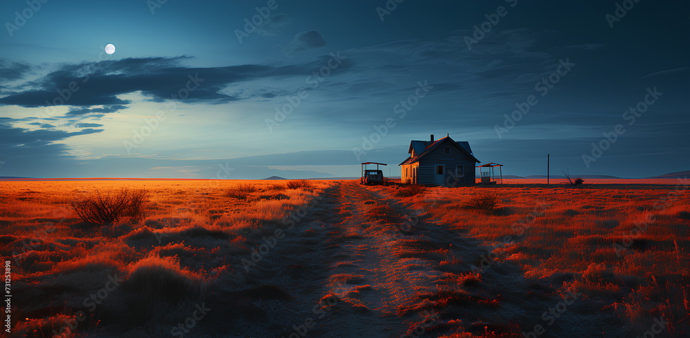 Illustration of a house standing alone in the middle of a field with the vast sky. It can convey many emotions and feelings such as peace, loneliness, freedom, courage, nostalgia, mystery, emptiness. Illustration of a house standing alone in the middle of a field with the vast sky. It can convey many emotions and feelings such as peace, loneliness, freedom, courage, nostalgia, mystery, emptiness.