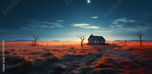 Illustration of a house standing alone in the middle of a field with the vast sky. It can convey many emotions and feelings such as peace, loneliness, freedom, courage, nostalgia, mystery, emptiness.