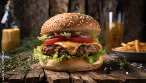 A close-up of a homemade, tasty burger on a rustic wooden table. Generated with AI