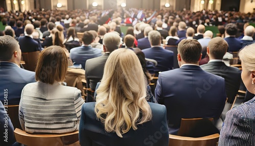 Rear view of anonymous people in political debates in front of a crowd, with people in the background blurred. Generated with AI