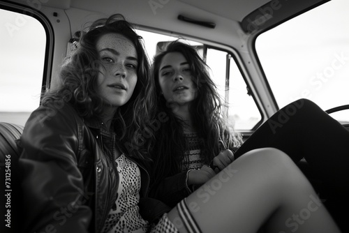 Immortalize the spirit of wanderlust and camaraderie as two girlfriends pose for a fashion shoot during a road trip, the low-angle black and white photo evoking a timeless sense of adventure