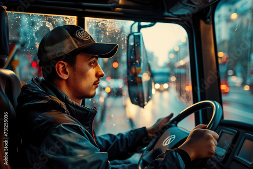 driver driving a bus in a city with a steering wheel and a attentive look on their face © Formoney