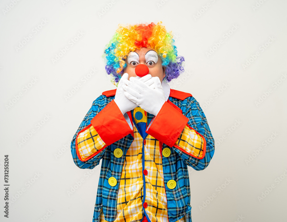 Mr Clown. Portrait of Funny face Clown man in colorful uniform standing variety action. Happy expression male bozo in various pose on isolated background.