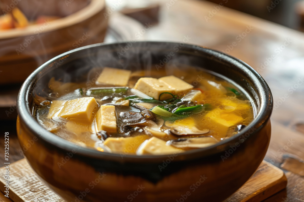 close-up shot of a bowl of hot and sour soup, with tofu, bamboo shoots, and wood ear mushrooms floating in the broth close-up shot of a bowl of hot and sour soup, with tofu, bamboo shoots, and wood ear mushrooms floating in the broth