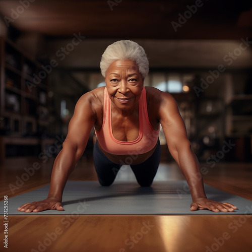 Senior woman practicing yoga at gym, healthy lifestyle for mature people concept. Generated by AI