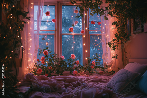 bedroom with a bookshelf covered in twinkling lights and roses.