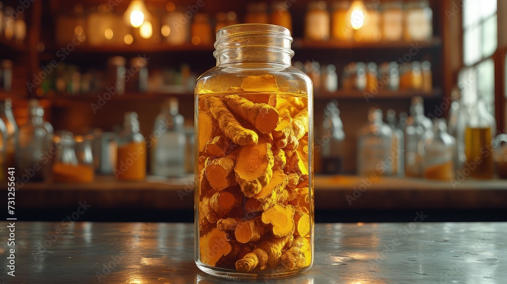 Turmeric Soaking in Glass Jar on Table Turmeric Soaking in Glass Jar on Table