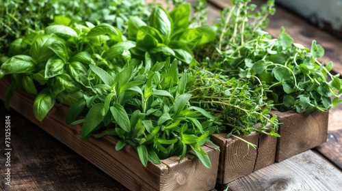 Herbs, wooden table full of fresh herbs ready for use