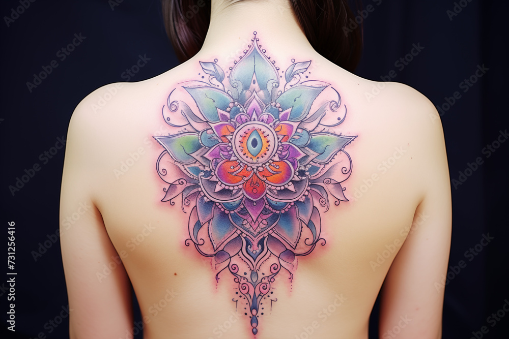 Mandala tattoo on skin. Colors mandala tattoo on back. Woman's tattoo