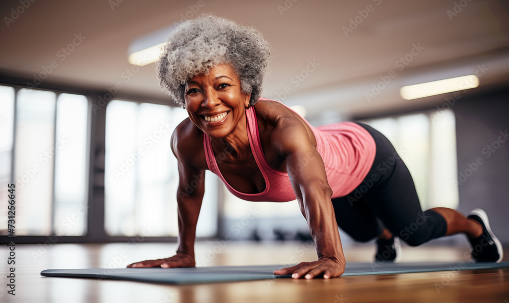Fototapeta premium Senior woman practicing yoga at gym, healthy lifestyle for mature people concept. Generated by AI