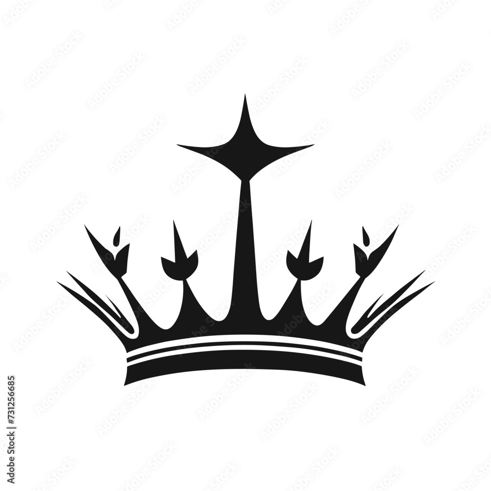 Silhouette of an elegant black crown with sharp, geometric details and a star at the top on a white background. Silhouette of an elegant black crown with sharp, geometric details and a star at the top on a white background.