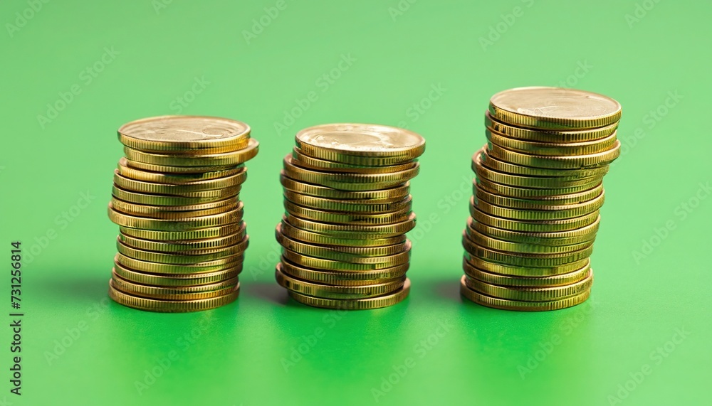 stacks of coins, many golden coins with green background, Investment business concept, many golden coins stacks of coins, many golden coins with green background, Investment business concept, many golden coins