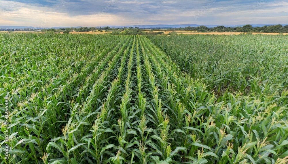 corn field of green corn stalks and tassels aerial drone photo above corn plants high quality photo