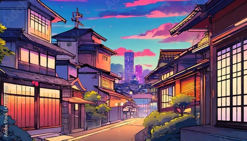 a beautiful japanese tokyo city town in the evening houses at the street anime comics artstyle cozy lofi asian architecture 16 9 4k resolution generative ai