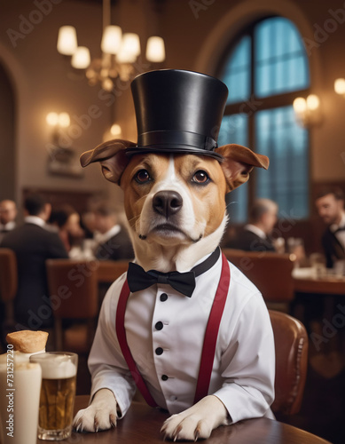 an anthropomorphic dog waiter works in a fashionable restaurant