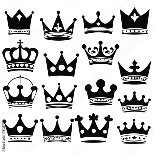 Various black and white crown illustrations in different styles and shapes on a white background. photo