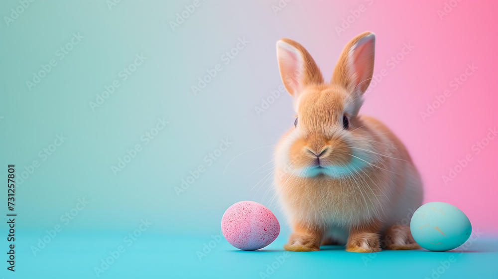 Fototapeta premium Cute rabbit with easter eggs on pink and turquoise blue background, ideal for greetings card 