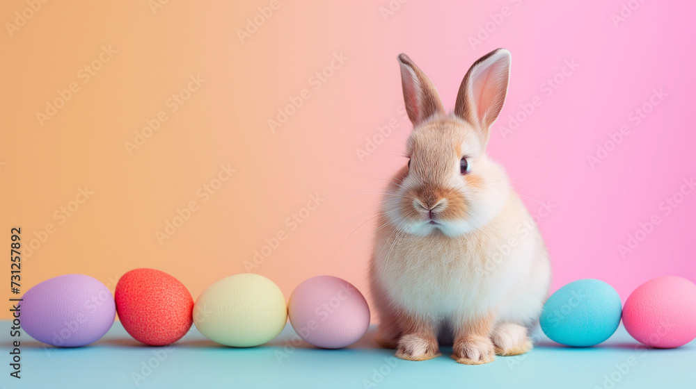 Easter bunny with colored eggs on a pastel orange and pink background, postcard Easter bunny with colored eggs on a pastel orange and pink background, postcard