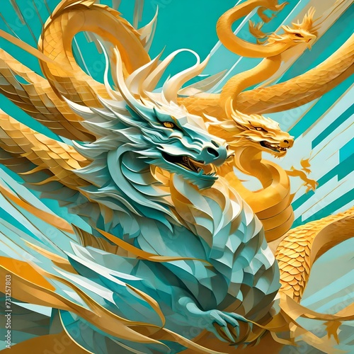 :Chinese new year 2024 dragon year poster, in the style of  light aquamarine and light amber,  pro 400h, silver and gold,  21st century, electric color scheme photo