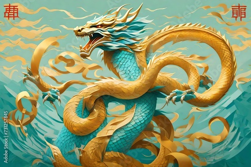 :Chinese new year 2024 dragon year poster, in the style of  light aquamarine and light amber,  pro 400h, silver and gold,  21st century, electric color scheme photo