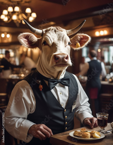 An anthropomorphic cow waiter works in a fashionable restaurant