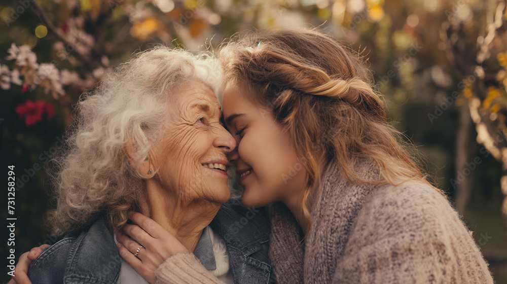 Mulher abraçando sua avó ao ar livre - obrazy, fototapety, plakaty 