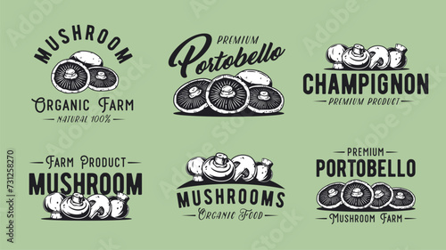 Mushroom vector portobello set or collection of champignon. White button for mushrooms picking. Vegetarian fungus cremini for food. Nature fungi for healthy nutrition