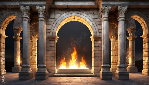 ancient classic architecture stone arches with flames