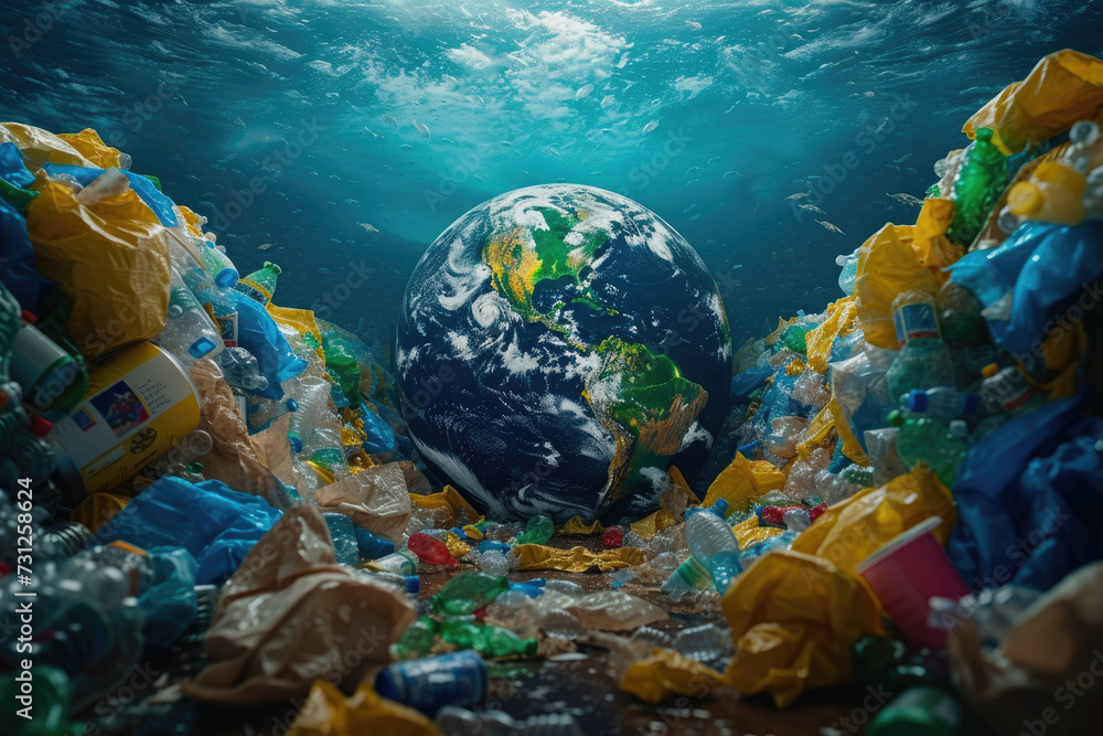 Planet earth at the bottom of the ocean covered with garbage - plastic bags and bottles. The problem of planetary pollution. Ecology and World Cleanup Day. Earth Day.