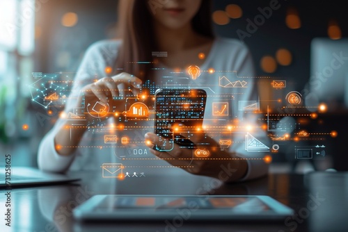 An imaginative portrayal of a businesswoman's digital workspace, featuring advanced virtual reality technology intertwined with futuristic elements, enhancing her digital marketing endeavors