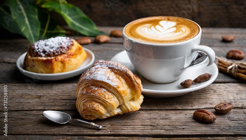 tasse cappucino mit geback auf rustikalem holztisch photo