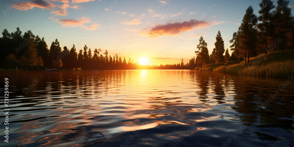 sunset over the river ,sunset at coast of the lake. Nature landscape

