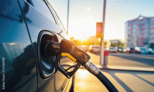 Close-up photo of a car filling up with gas at a gas station, refueling