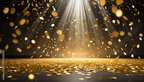 golden confetti rain on festive stage with light beam in the middle empty room at night mockup with copy space for award ceremony jubilee new year s party or product presentations