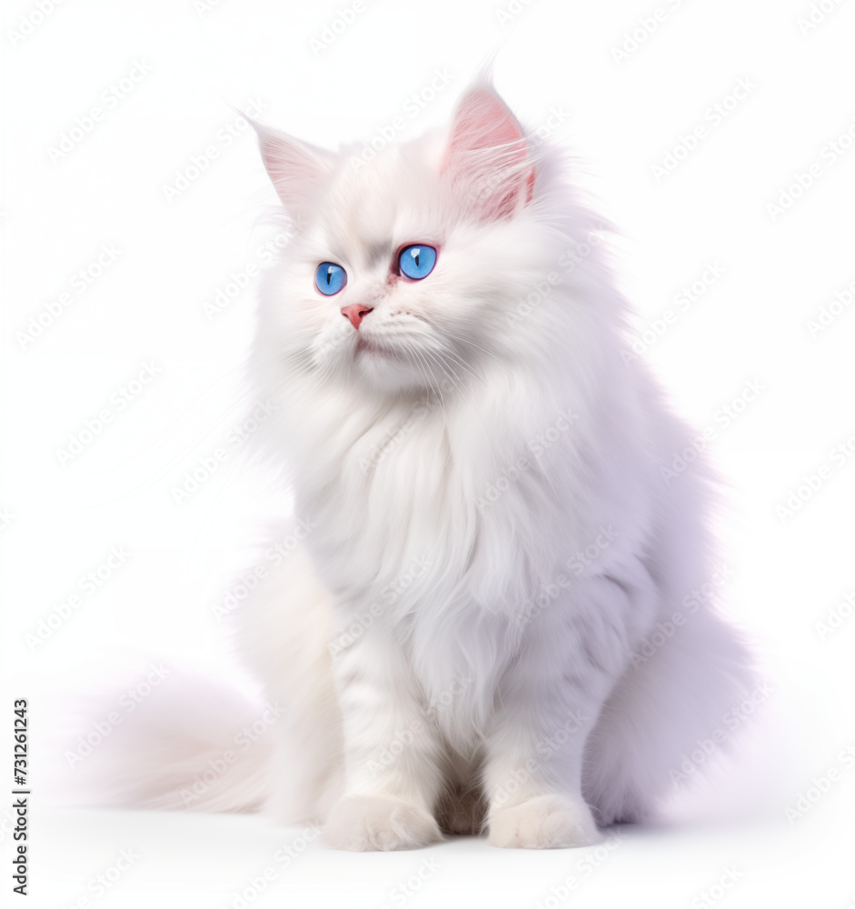 white cat with blue eyes and long fur sitting on white background isolated